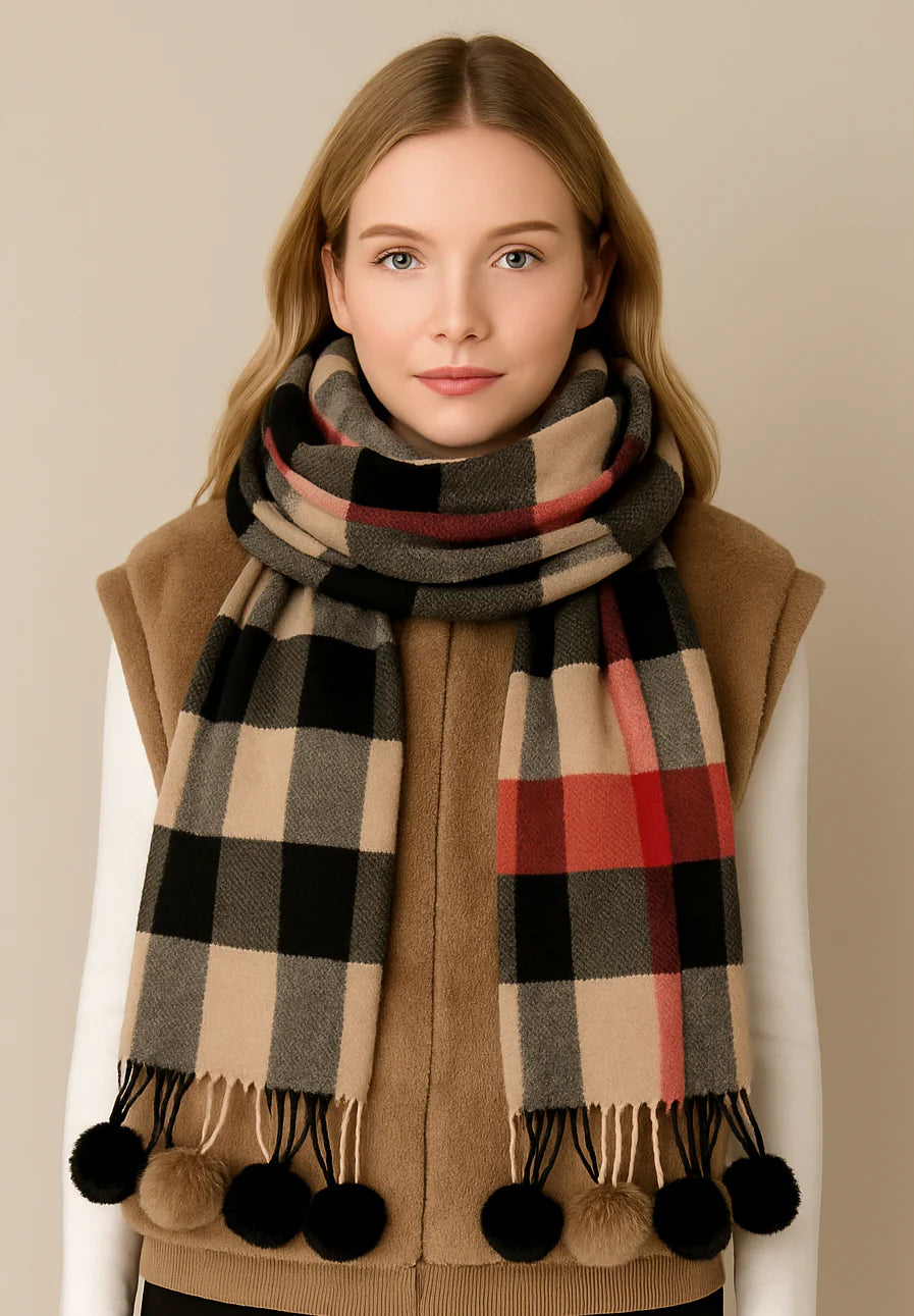 Plaid Pom Pom Fringe Pash