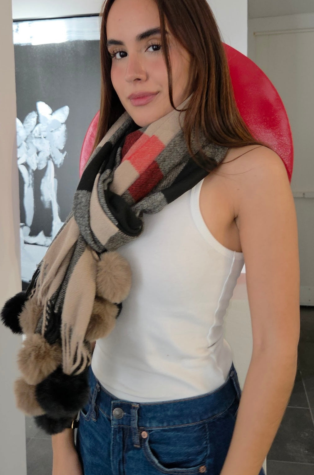 Plaid Pom Pom Fringe Pash